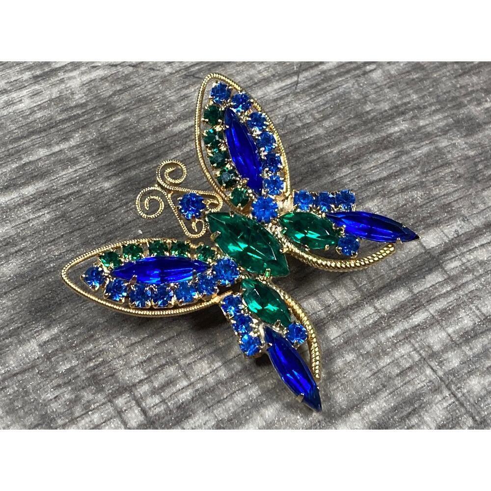 Vintage Juliana D & E Blue & Green Rhinestones Gold Tone Butterfly Brooch Pin